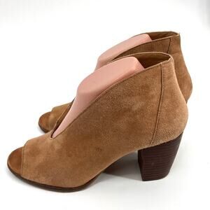Lucky Brand Joal Camel Suede Peep Toe Stacked Heel Bootie Shoe U.S. Size 8.5